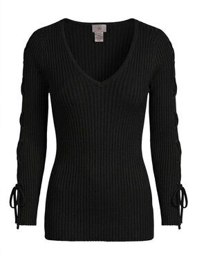5/48 Ribbed Knit V-Neck Sweater Top Lace-Up Eyelet Long Sleeves Black M Goth